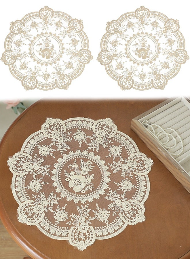 قطعتان من مفارش المائدة ذات الدانتيل بتصميم كلاسيكي، مقاس 13×13 بوصة، مفرش كروشيه فرنسي دائري، مزخرف بشكل رقيق، مفرش مزهرية، لتزيين طاولة الطعام والمنزل (بيج) - Image 1