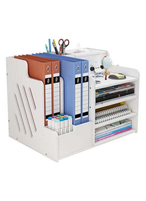 White Desktop Organiser, Large Capacity Desk File Organiser Office Stationery Desk Tidy Storage Rack Sorter for A4 Papers, Pens, Books, Letters and Documents