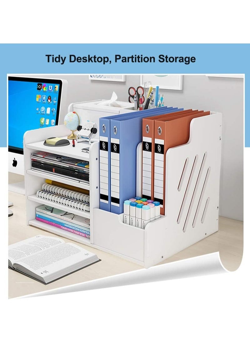 White Desktop Organiser, Large Capacity Desk File Organiser Office Stationery Desk Tidy Storage Rack Sorter for A4 Papers, Pens, Books, Letters and Documents
