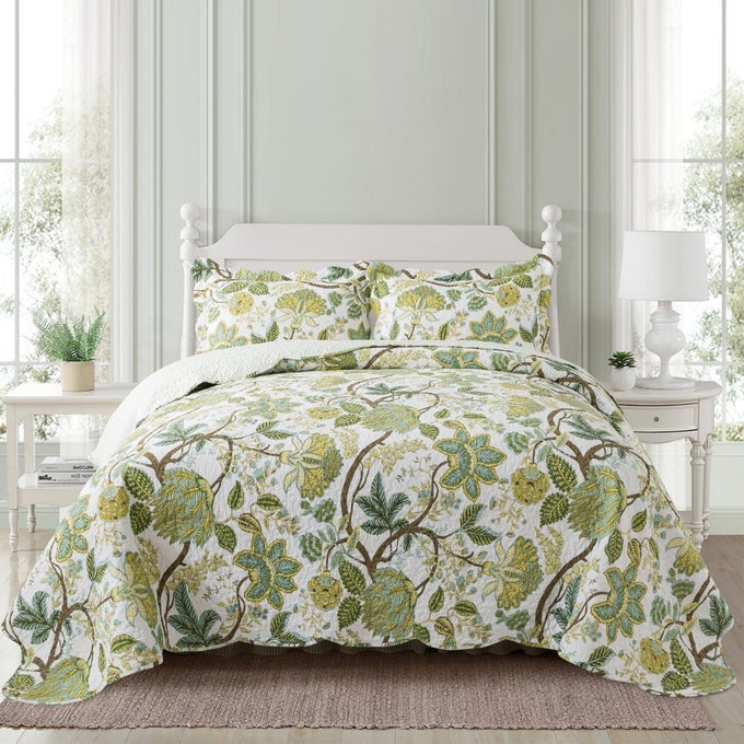 COTTON BEDSPREAD QUILT SETS REVERSIBLE PATCHWORK COVERLET SET FLORAL VINE PATTERN QUEEN SIZE