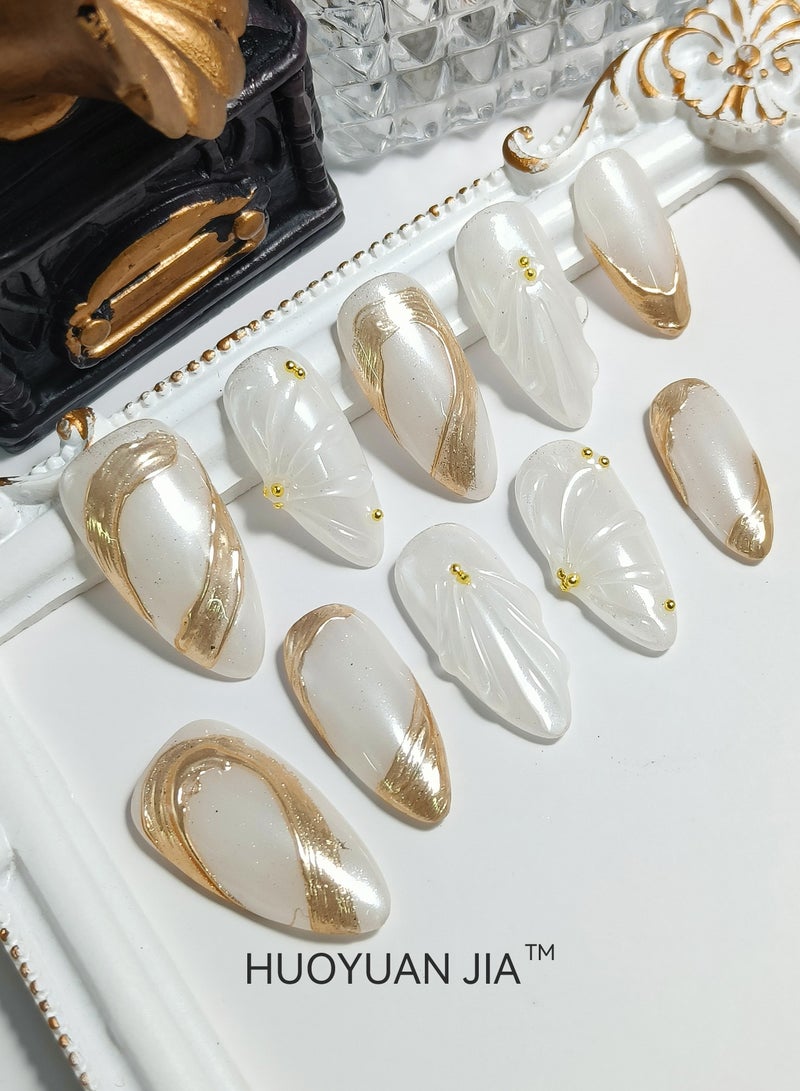 HUOYUAN JIA 10 Pieces Handmade Press On Nails,Reusable and Removable Almond Shaped Fake Nails,Pearl Like Surface and Gold Ribbon Decoration,Comes with A Rubbing Strip and A Piece of Jelly Glue for Fashionable Women's Holiday Gifts,Fake Nail Set  - Image 1