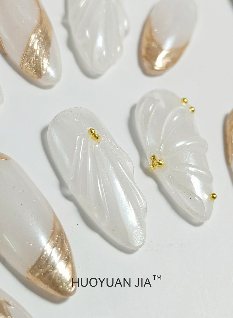 HUOYUAN JIA 10 Pieces Handmade Press On Nails,Reusable and Removable Almond Shaped Fake Nails,Pearl Like Surface and Gold Ribbon Decoration,Comes with A Rubbing Strip and A Piece of Jelly Glue for Fashionable Women's Holiday Gifts,Fake Nail Set  - Image 4