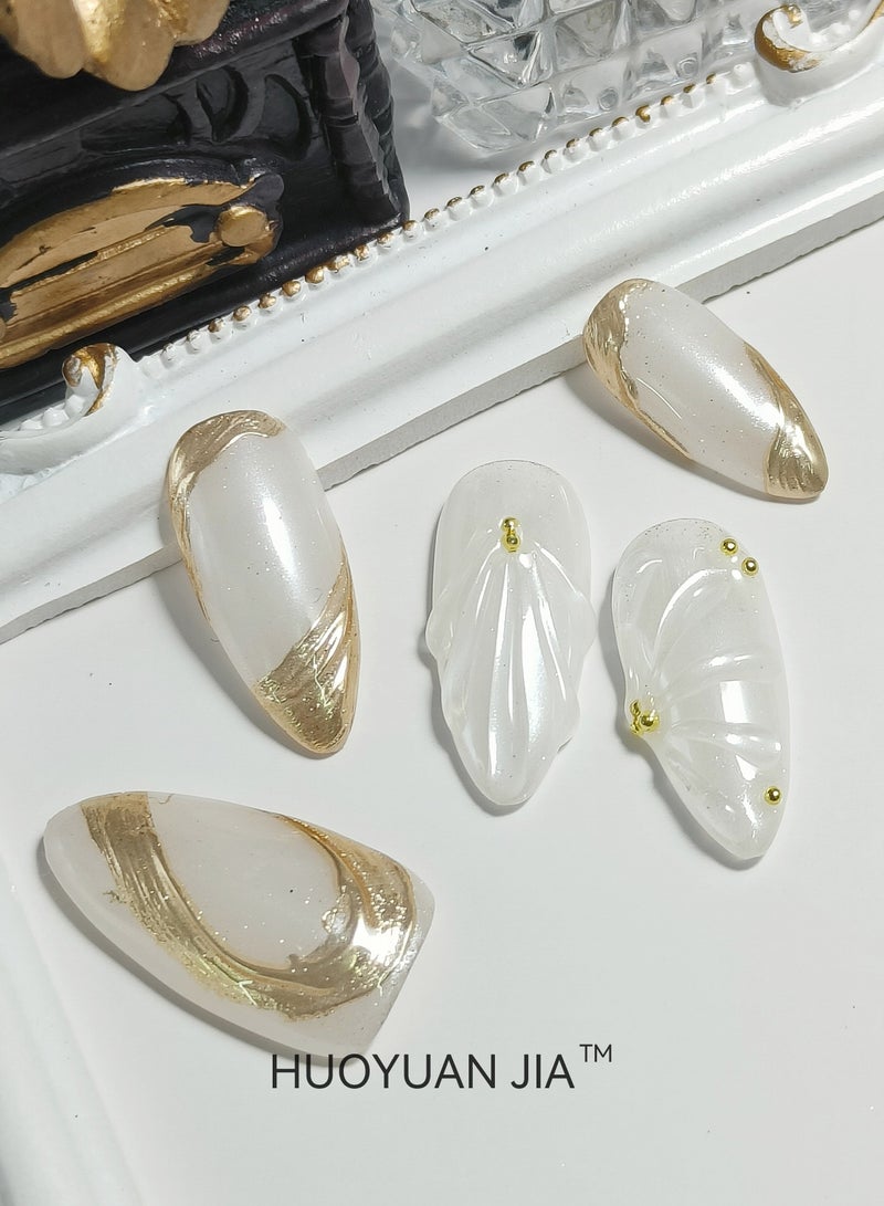 HUOYUAN JIA 10 Pieces Handmade Press On Nails,Reusable and Removable Almond Shaped Fake Nails,Pearl Like Surface and Gold Ribbon Decoration,Comes with A Rubbing Strip and A Piece of Jelly Glue for Fashionable Women's Holiday Gifts,Fake Nail Set  - Image 2