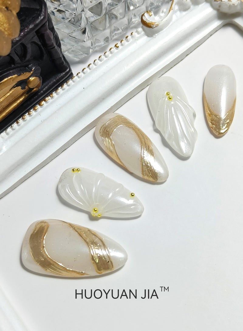 HUOYUAN JIA 10 Pieces Handmade Press On Nails,Reusable and Removable Almond Shaped Fake Nails,Pearl Like Surface and Gold Ribbon Decoration,Comes with A Rubbing Strip and A Piece of Jelly Glue for Fashionable Women's Holiday Gifts,Fake Nail Set  - Image 5