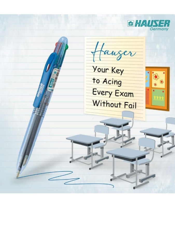 HAUSER - Hauser 4-in-1 Retractable Pen | Durable Transparent Body | 4 Ink Colors in One Pen | Low Viscosity Ink System | Smooth, Effortless Writing - Image 1