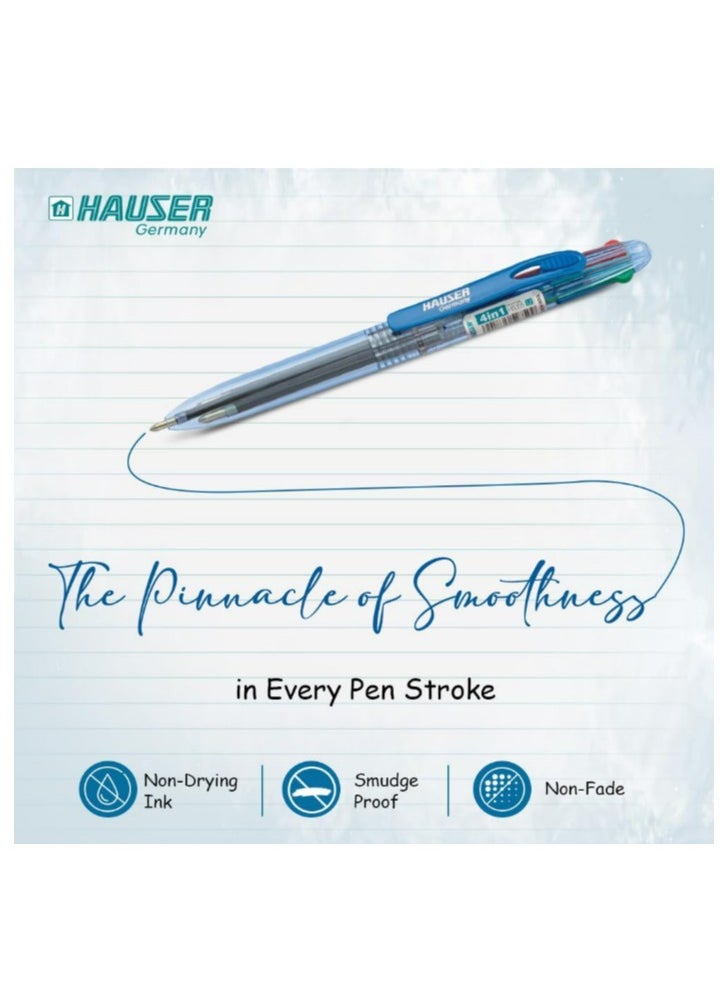 HAUSER - Hauser 4-in-1 Retractable Pen | Durable Transparent Body | 4 Ink Colors in One Pen | Low Viscosity Ink System | Smooth, Effortless Writing - Image 1