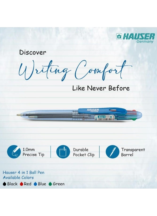 HAUSER - Hauser 4-in-1 Retractable Pen | Durable Transparent Body | 4 Ink Colors in One Pen | Low Viscosity Ink System | Smooth, Effortless Writing - Image 1