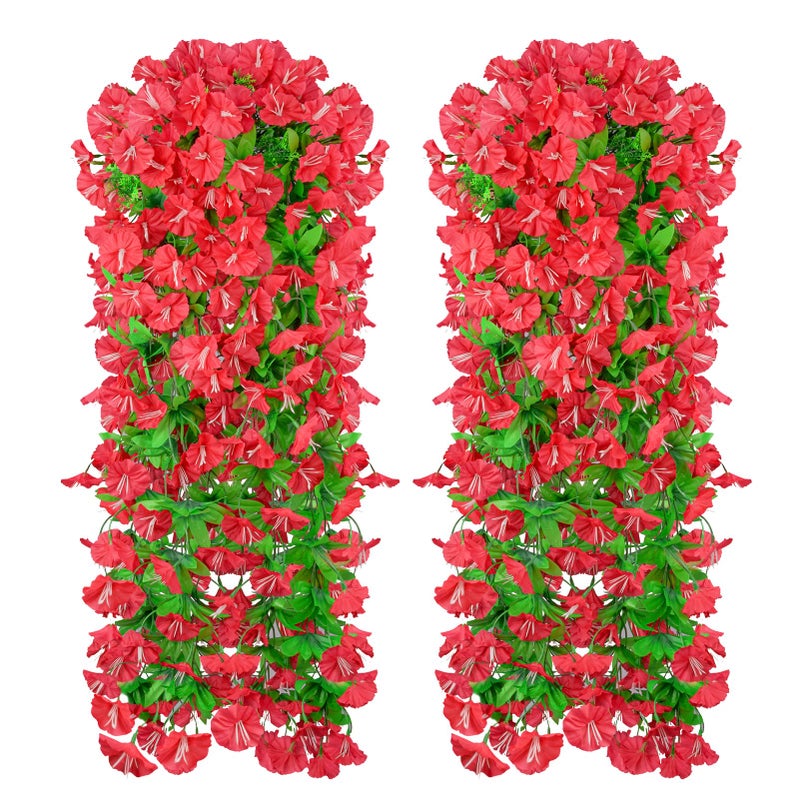 Elecxlink 2PCS Artificial Hanging Flowers, UV Resistant Fake Plastic Faux Flower Fabric Vine Rose for Indoor Outdoor Garden Porch Eave Wedding Wall DÃ©cor(Rose Red) - Image 1