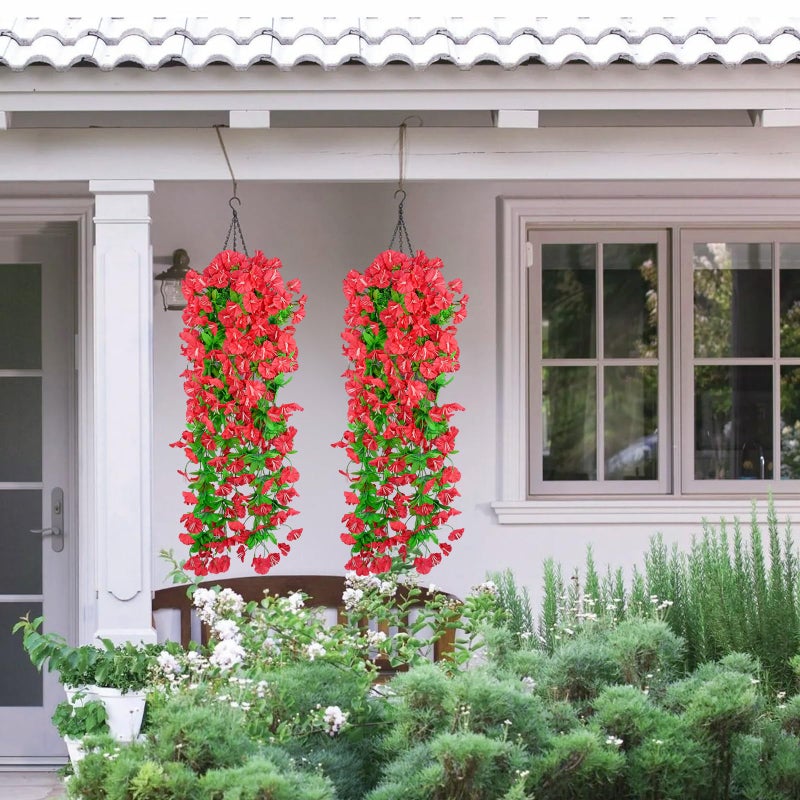 Elecxlink 2PCS Artificial Hanging Flowers, UV Resistant Fake Plastic Faux Flower Fabric Vine Rose for Indoor Outdoor Garden Porch Eave Wedding Wall DÃ©cor(Rose Red) - Image 4
