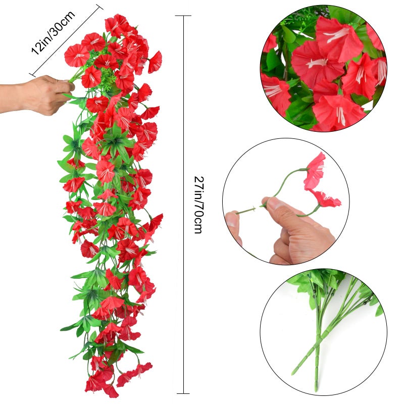 Elecxlink 2PCS Artificial Hanging Flowers, UV Resistant Fake Plastic Faux Flower Fabric Vine Rose for Indoor Outdoor Garden Porch Eave Wedding Wall DÃ©cor(Rose Red) - Image 2