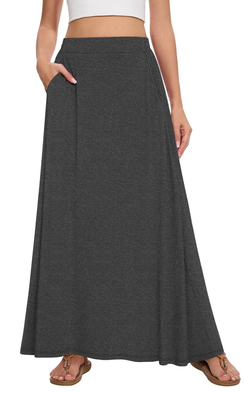 Leafsay Womens Maxi A-line Long Summer Skirt Elastic High Waist Flowy Skirt with Pockets(Dark Gray,L) - Image 1