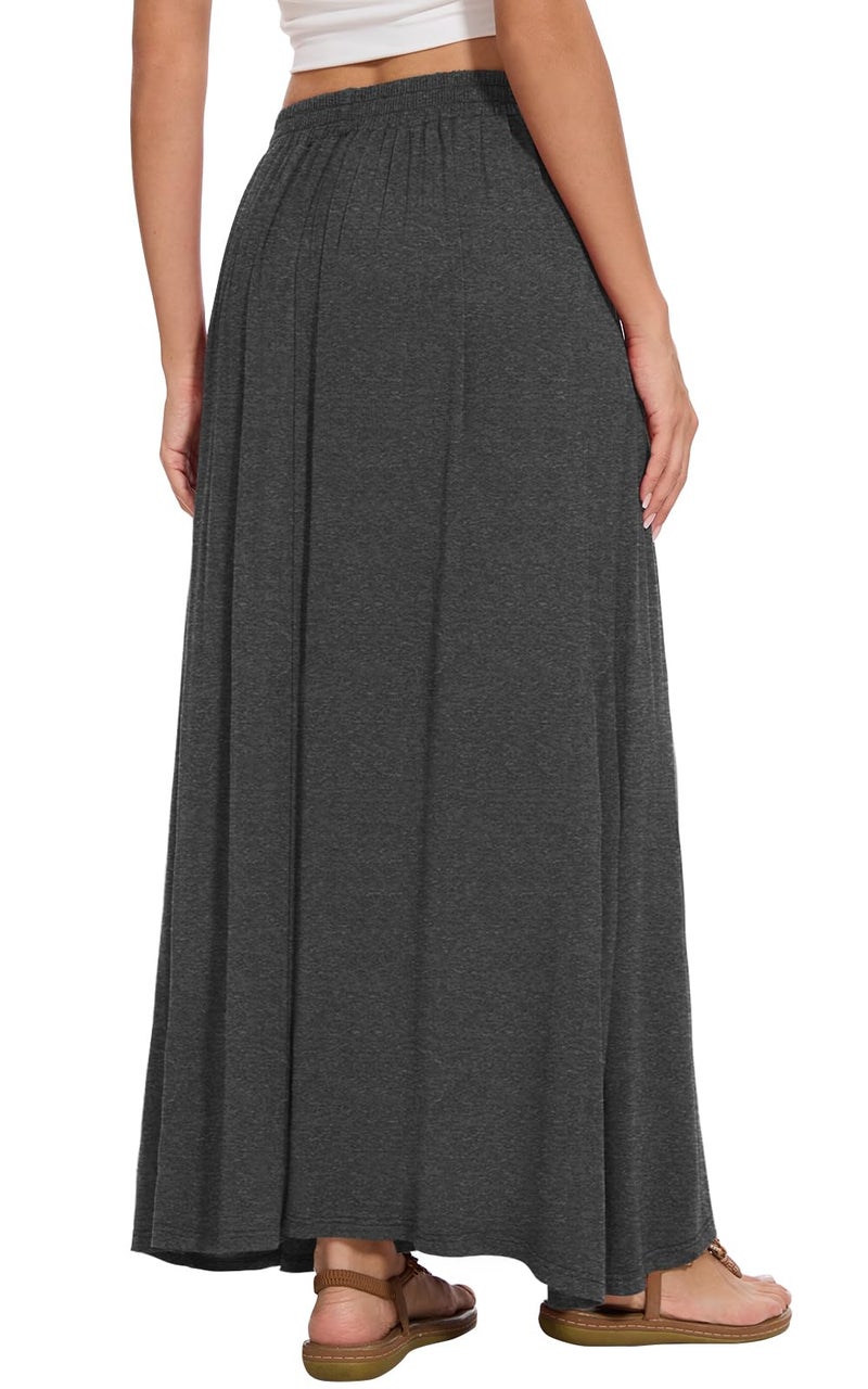Leafsay Womens Maxi A-line Long Summer Skirt Elastic High Waist Flowy Skirt with Pockets(Dark Gray,L) - Image 3