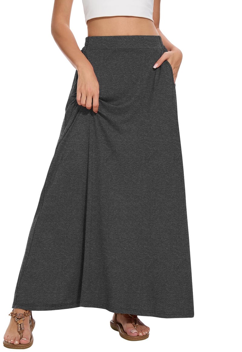 Leafsay Womens Maxi A-line Long Summer Skirt Elastic High Waist Flowy Skirt with Pockets(Dark Gray,L) - Image 2