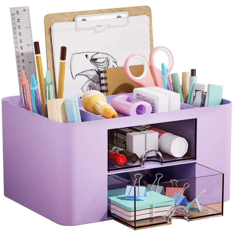 Marbrasse Pen Organizer with 2 Drawer, Multi-Functional Pencil Holder for Desk, Desk Organizers and Accessories with 5 Compartments + Drawer for Office Art Supplies (Purple) - Image 1