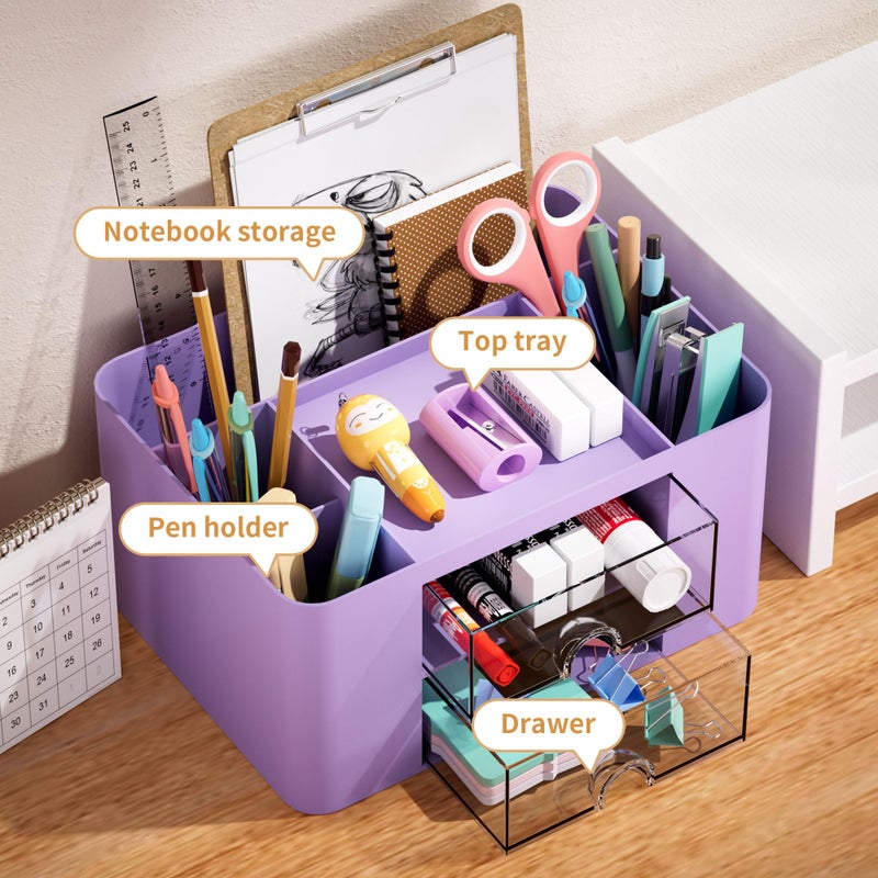 Marbrasse Pen Organizer with 2 Drawer, Multi-Functional Pencil Holder for Desk, Desk Organizers and Accessories with 5 Compartments + Drawer for Office Art Supplies (Purple) - Image 2