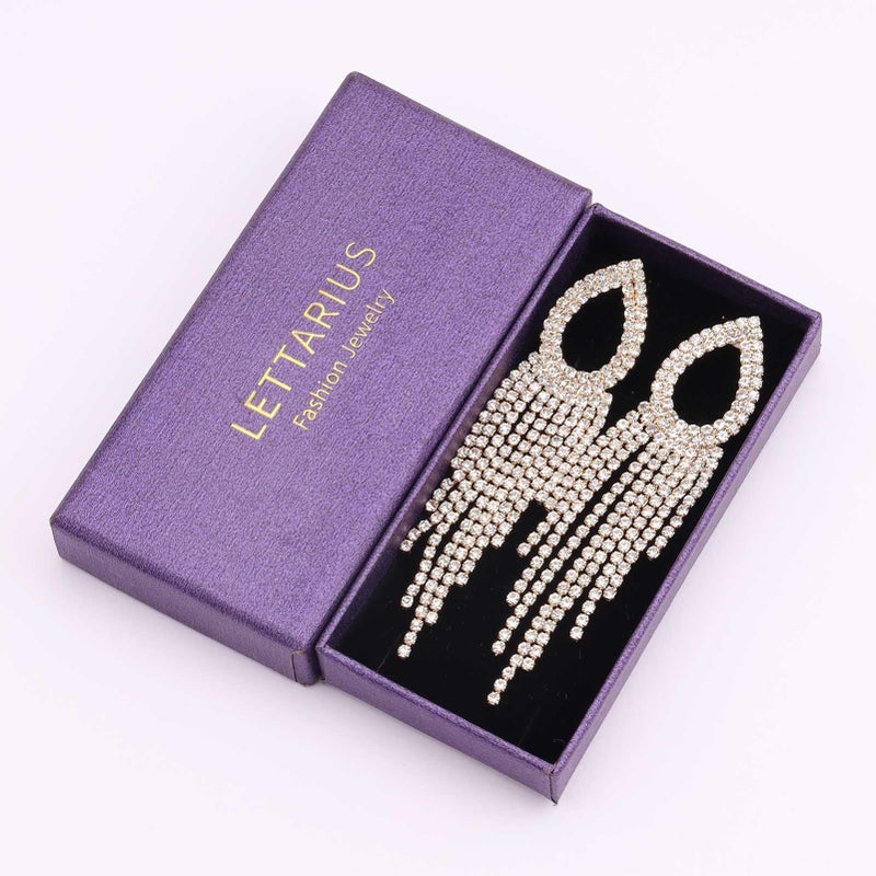 Lettarius Rhinestone Earrings for Women Teardrop Tassel Drop Dangle Statement Earrings 14K Gold Plated Sparkly Crystal Bridal Wedding Party Gift Jewelry - Image 4