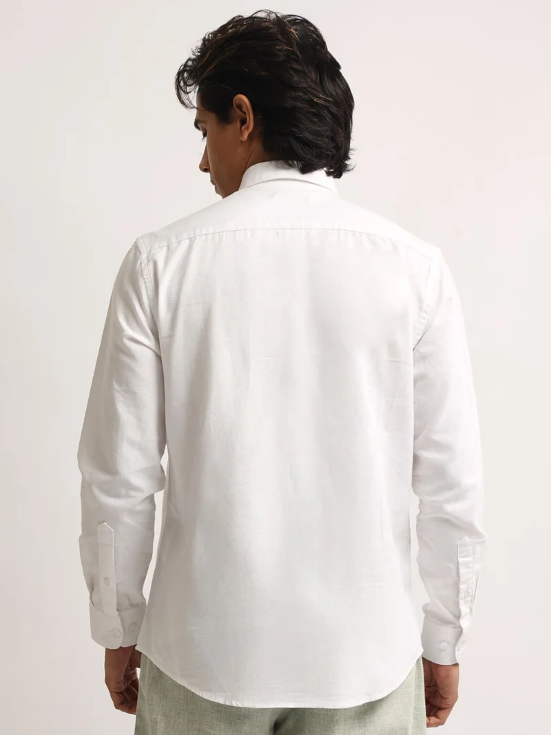 Maniac  Maniac Mens Solid Collared Neck Full Sleeve Oxford Linen Blend Fabric White Shirt for Men | Best Price UAE