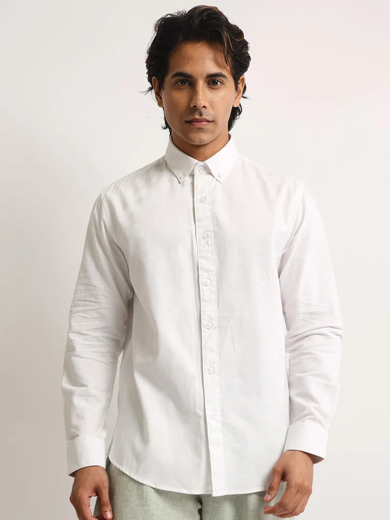 Maniac  Maniac Mens Solid Collared Neck Full Sleeve Oxford Linen Blend Fabric White Shirt for Men | Best Price UAE