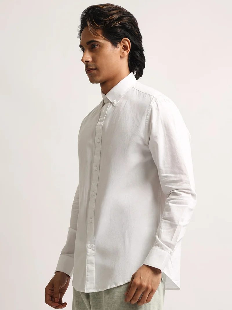 Maniac  Maniac Mens Solid Collared Neck Full Sleeve Oxford Linen Blend Fabric White Shirt for Men | Best Price UAE