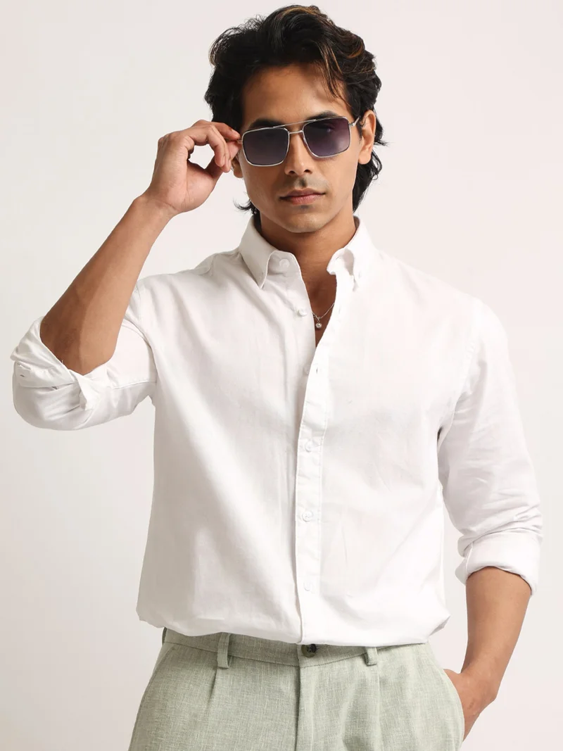 Maniac Maniac Mens Solid Collared Neck Full Sleeve Oxford Linen Blend Fabric White Shirt