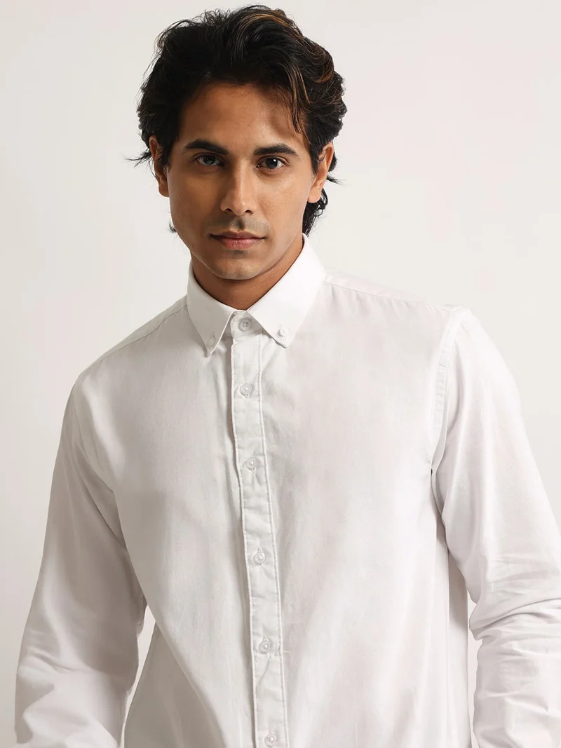 Maniac Maniac Mens Solid Collared Neck Full Sleeve Oxford Linen Blend Fabric White Shirt