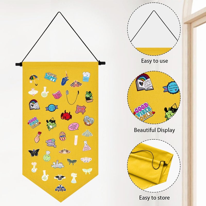 Winmany Wall Hanging Brooch Jewelry Storage Case Canvas Display Stand Enamel Pin Display Banner Holder Earrings Necklace Glitter Pin Collection Organizer (Yellow) - Image 3