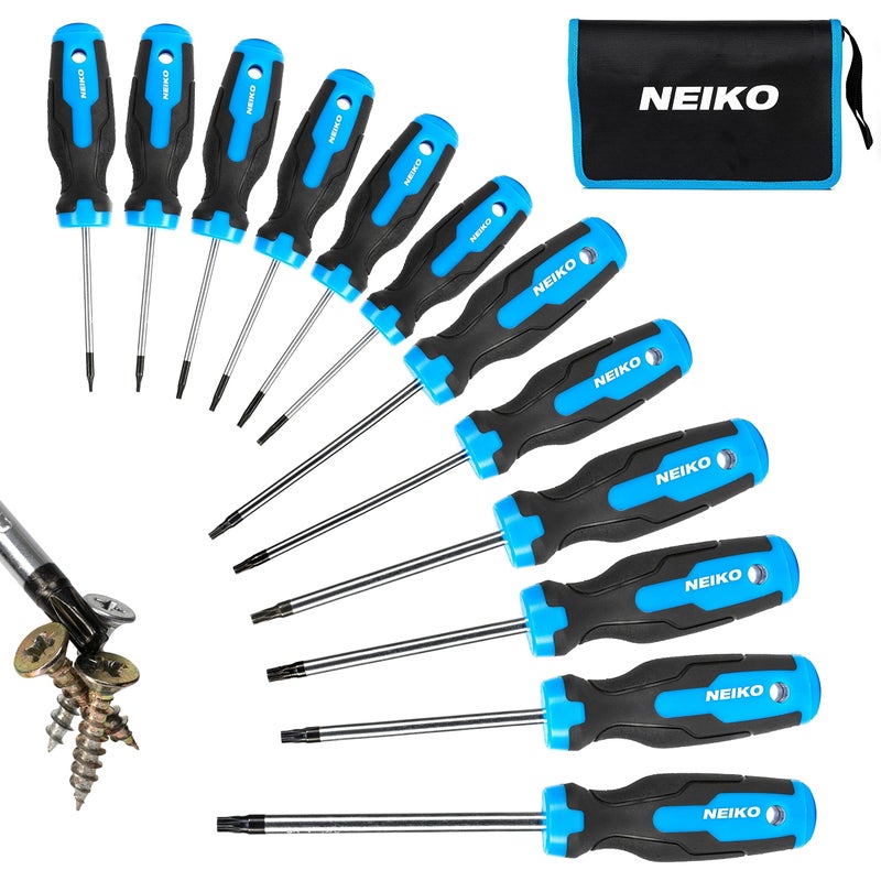 NEIKO 01377A Magnetic Torx Screwdriver Set 12 Piece T5 T40 6 Point Star Head Driver Heat Treated Chrome Vanadium Steel Non Slip Cushioned Handle Grip Magnet Bit Tip Carrying Pouch