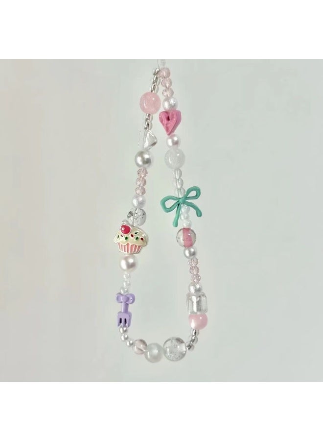 NIBEMINENT Beaded Phone Lanyard, Anti Lost Removable Wrist Strap,Strawberry Cake Bracelet Pendant, Phone Keychain Lanyard