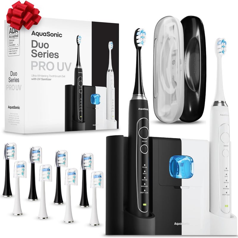 Aquasonic Duo Series PRO UV - ADA Accepted Electric Toothbrushes with UV Sanitizer - Inductive Charging Base - 5 Modes with Smart Timers - 10 Proflex Brush Heads & 2 Travel Cases - Image 1
