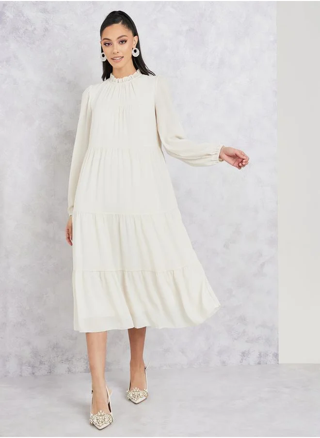 Styli Ruffle High Neck Gathered Detail Tiered Midi Dress