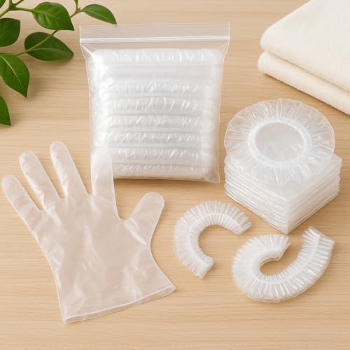 Adbeni Disposable Transparent Gloves 100 Pcs & Shower Caps 50 Pcs | Waterproof, Latex-Free | For Hair Coloring, Food Handling, Cleaning, Bathing, Kitchen & Salon | One Size Fits Most - Image 1