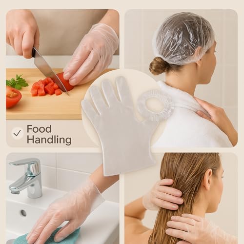 Adbeni Disposable Transparent Gloves 100 Pcs & Shower Caps 50 Pcs | Waterproof, Latex-Free | For Hair Coloring, Food Handling, Cleaning, Bathing, Kitchen & Salon | One Size Fits Most - Image 2