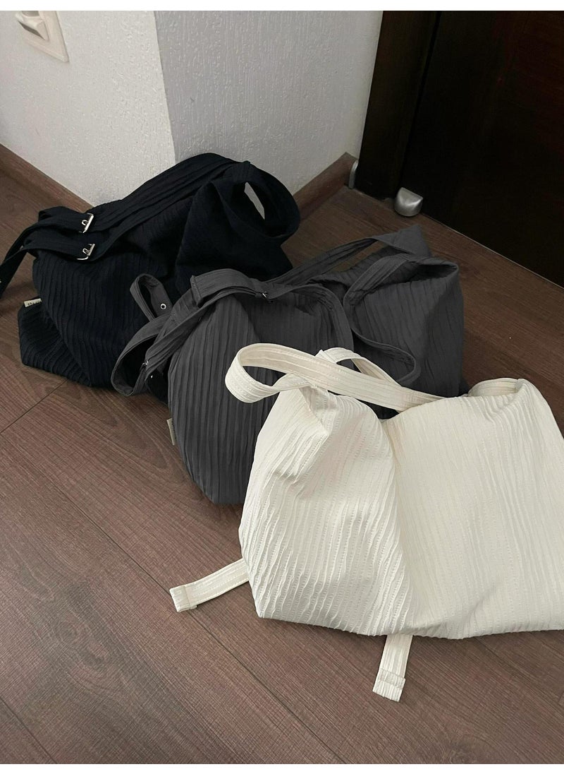 Generic - Korean Stripe Canvas Hobo Lazy Style Versatile Messenger Backpack White - Image 1