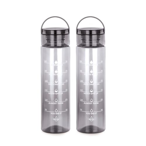 ATTRO Oxy Motivational 1000ml Water Bottle - Time Markers & Inspirational Slogans Mentioned Encourages More Water Intake, Easy-to-Carry Handle- Set of 2 Black, Plastic - Image 1