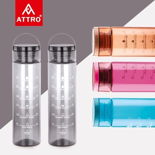 ATTRO Oxy Motivational 1000ml Water Bottle - Time Markers & Inspirational Slogans Mentioned Encourages More Water Intake, Easy-to-Carry Handle- Set of 2 Black, Plastic - Image 3