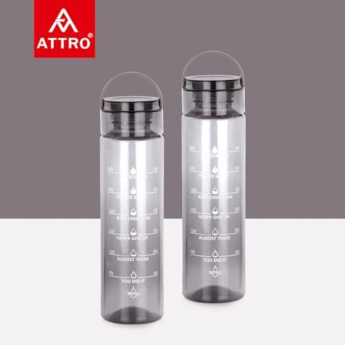 ATTRO Oxy Motivational 1000ml Water Bottle - Time Markers & Inspirational Slogans Mentioned Encourages More Water Intake, Easy-to-Carry Handle- Set of 2 Black, Plastic - Image 5