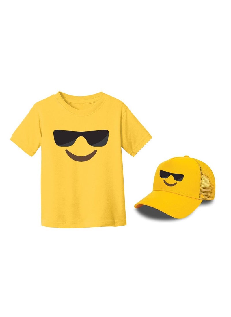 PRINTSHOP4ME - Kids Yellow Smiley Face Pack Of 2 T-Shirt And Cap Combo–Unisex Round Neck Short Sleeve Cotton T-Shirt - Image 1