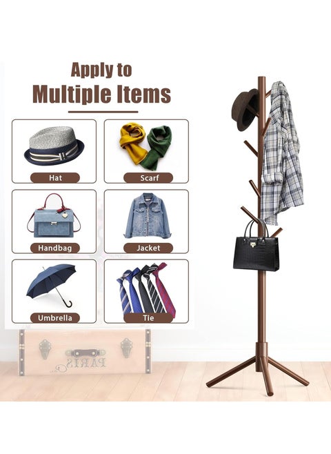 Coat Rack, Freestanding Coat Rack with 8 Hooks and 3 Adjustable Size Tree Coat Racks for Bedroom, Hallway, Entrance, Office, for Hats, Coats, Scarves, Handbags(Walnut)