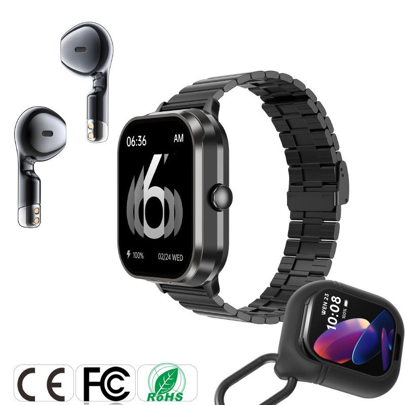 D8Pro Smart Watch TWS Earbuds NFC Health Monitor Black (steel strap silicone cover)-English version 