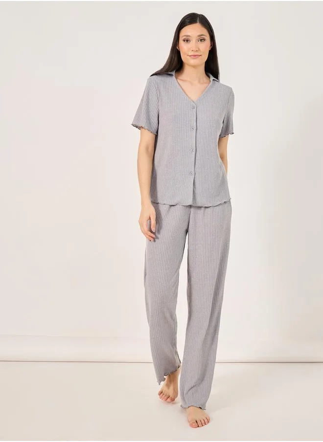 ستايلي Brushed Rib Lettuce Edge Shirt and Pyjama Set