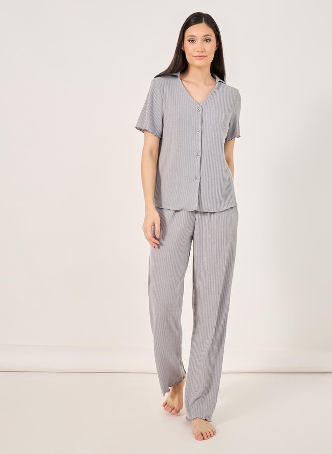 Styli Styli Brushed Rib Lettuce Edge Shirt and Pyjama Set  - Image 2