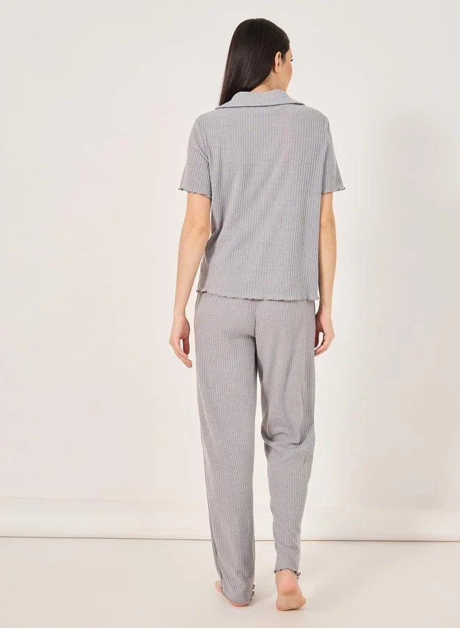 Styli Styli Brushed Rib Lettuce Edge Shirt and Pyjama Set