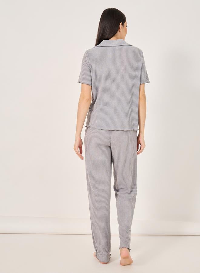 Styli Styli Brushed Rib Lettuce Edge Shirt and Pyjama Set  - Image 5