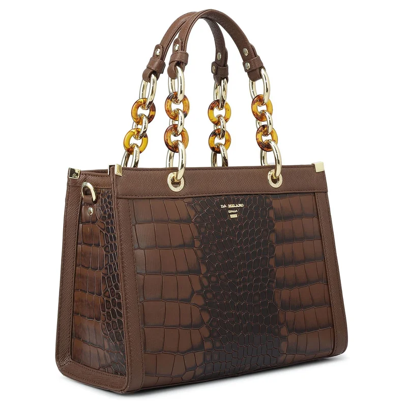 دا ميلانو Genuine Leather Brown Satchel Bag