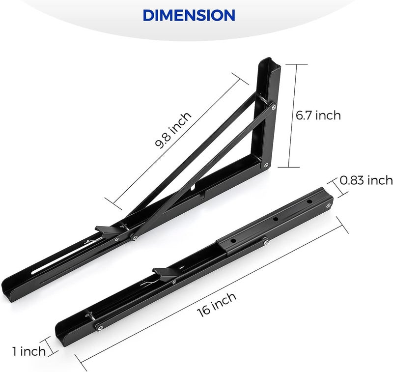 Defflo 16 Inch Folding Shelf Brackets, 40cm Heavy Duty Collapsible Shelf Bracket, Black DIY L Bracket for Workbench Folding Table Hinge, Max Load: 330lb, (1-Pair) (16-Inch) - Image 2