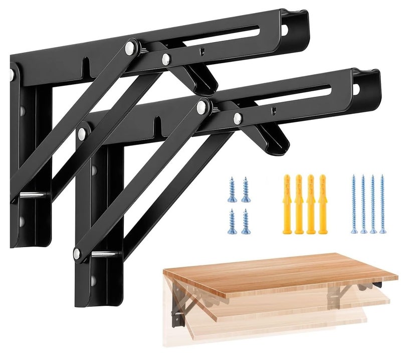 Defflo 16 Inch Folding Shelf Brackets, 40cm Heavy Duty Collapsible Shelf Bracket, Black DIY L Bracket for Workbench Folding Table Hinge, Max Load: 330lb, (1-Pair) (16-Inch) - Image 1