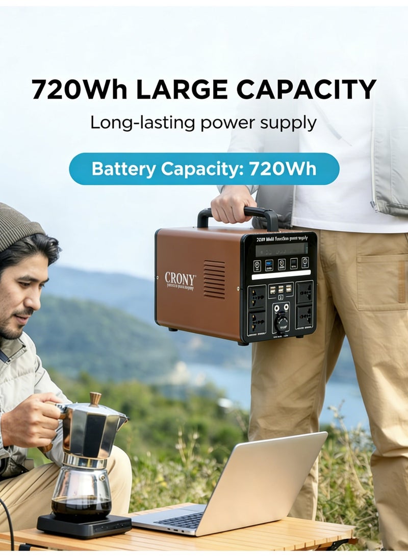 كروني محطة طاقة محمولة CRONY MP7-1200W. محطة طاقة خارجية مزودة ببطارية عالية السعة 720 واط/ساعة، وقدرة خرج 1200 واط، ومنافذ طاقة متعددة، وشاشة LED مدمجة. تضمن ميزات الحماية المتعددة استخدامًا آمنًا. مولد كهربائي للتخييم في الهواء الطلق/المركبات الترفيهية/الاستخدام المنزلي. - Image 2
