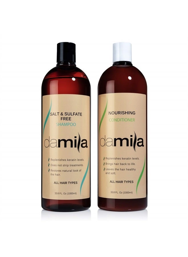 Damila Salt & Sulfate Free Shampoo & Conditioner for Keratin and Color Treated Hair - Professional Keratin Value Pack for Damaged, Frizzy, Curly, Dry & Thin Hair - Shampoo Sin Sal - 33.8 Fl Oz - Image 1