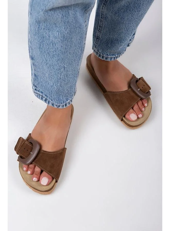 Alandra Women's Genuine Leather Single Strap Brown Slippers.