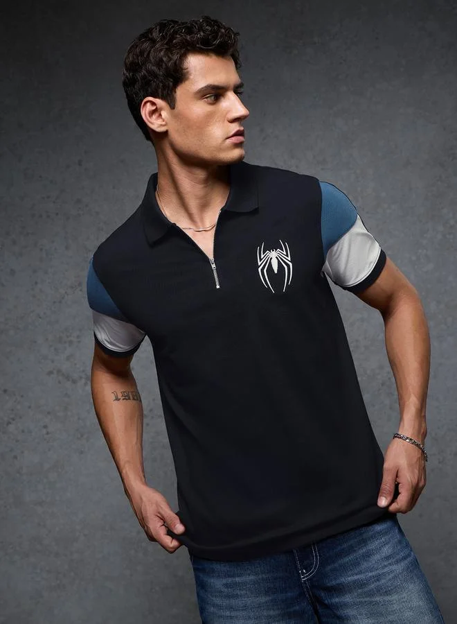 Men Spider-Man Embroidered Polo T-Shirt with Zip Detail